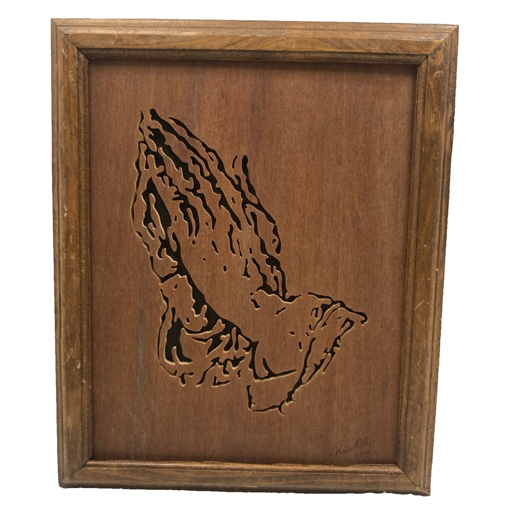 Vtg MCM Praying Hands Signed Dated Wood Scroll in the style of Albrecht Durer